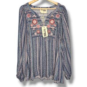 SAVANNA JANE Size 2X Peasant Top Blouse Embroidered NWT Long Sleeve Cottagecore